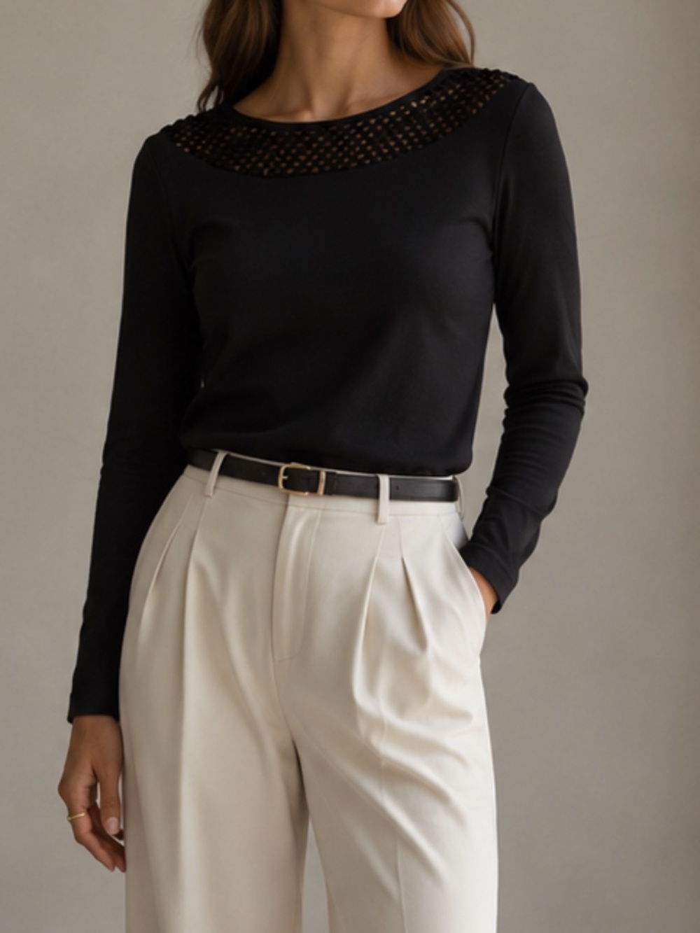 Akris Punto Crochet Quiet Luxury Boho Structured Mesh-Yoke Long Sleeve
